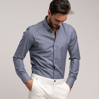 Camicia uomo rigata in cotone popeline blu